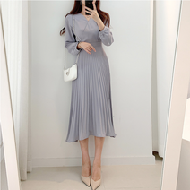 시크해 3853 브이넥주름원피스 여성 여자 셔링 롱 긴팔 퍼프 주름 데일리 플레어 간절기 가을
