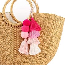 QTKJ Colorful Bohemian Pompom Tassel Keychain Handbags Straw Bag Charms Ornaments Key Ring Pendant