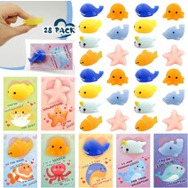 GoForward 발렌타인 데이 기프트 카드 28팩 어린이 교실용 미니 모찌 스퀴시 포함 바다 동물 모찌 스퀴시, 한개옵션0