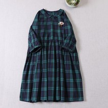 린넨 면 마 여름 원피스 데일리 중년 여성 일본 모리걸 나이 감소 인형 컬러 코튼 봄 스코틀랜드 그린 피즈 자 9점 소매 풀오버 스커트