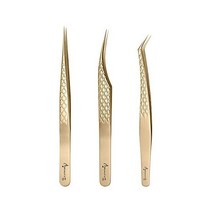 정밀 핀셋 쪽집게 Beauty7 속눈썹 연장용 트위저 스테인리스제 대전 방지 2개 세트 스트레이트 타입 선평 선곡 굽힘 헤드 극세 미끄럼 족집게 살롱 업소용 금색, 3병 세트