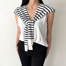 리피아 단가라 스트라이프 줄무늬 페이크 숄 가디건 패치 어깨 레이어드 니트 여자 여성 배색