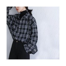 호주 체크 무늬 셔츠 블랙 빈티지 하라주쿠 오버사이즈 한국 스타일 시크 여성 블라우스 긴 소매 레트로 데일리 올 매치 얼짱