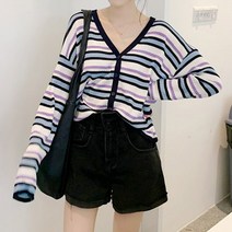 코지 여자 봄 가을 나들이룩 스트라이프 배색 골지 니트 가디건
