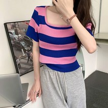여대생 20대 단가라 컬러풀 크롭 반팔 니트티 캐쥬얼 직딩코디 여성 청바지코디 여름 배색 핑크