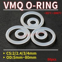 50pcs 두께 2/2.4/mm 흰색 고무 씰 링 OD 5-80mm 내열성 식품 등급 실리콘 O-링, OD 5mm (CS 2mm), WHITE