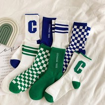 줄무늬 양말 온라인 연예인 글자 큰 C 여성 봄과 여름 바둑판 파란색 초록
