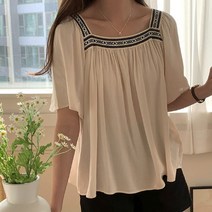 코지23 여자 헤라스 에스닉 자수 스퀘어넥 반팔 블라우스