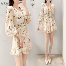 vsyoy 한국 스타일 꽃 와이드 다리 점프 수트 반바지 여성 여름 새로운 사이버 연예인 높은 허리 우아한 슬리밍 연령 감소 점프 수트