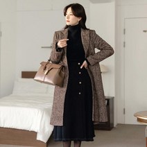 시크라인 헤링본 보카시 세미 A 라인 싱글 코트