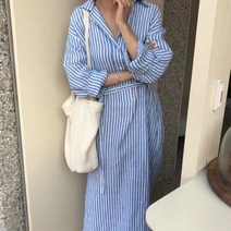 아르무아 하리 여성 린넨 셔츠 스트라이프 임산부 여름 긴팔 루즈핏 롱원피스