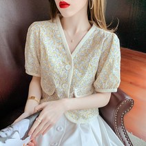 플라워 잔꽃 퍼프 소매 반팔 블라우스 여름 하객룩 데이트룩