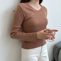 여자 깊은브이넥 슬림핏 골지 크롭 니트티 데일리코디