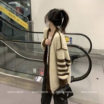 니트 롱가디건 밍크 양털 스웨터 홍콩 스타일 가역 긴팔 자켓 루즈핏 v 넥 카디건 중간 길이