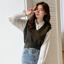 뜨개 크롭니트 니트베스트 니트 겹쳐 입다 V넥 학원풍 민소매 스웨터 여자 겉옷 조끼 끼다