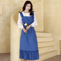 코튼 스커트 홈 여성용 주방 커피 숍 원예 허리 바지, 긴 파란색 씻은면 앞치마