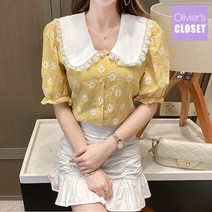 올리비에스클로젯 플라워 체크 프릴 반팔 블라우스 O2206BL608B