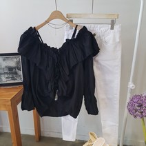 상상그이상 여성용 오프숄더 끈블라우스 왕프릴 셔링 파스텔 블라우스 여리여리 끝판왕 페미닌룩