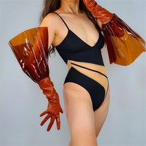 여성 PU 장갑 투명 PVC 플라스틱 레이스 웨이브 폴드 70cm 인조 가죽 스티칭 레드 엔젤 날개 긴 WPU336, 07 브라운_01 M