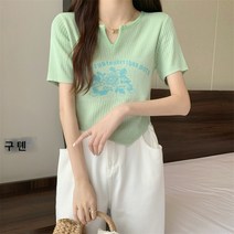 프린트 미니멀 숏 밑단 언발 니트 반팔 티셔츠 상의