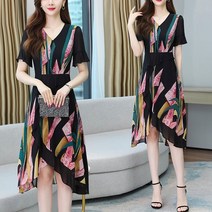 잇츠스타일 화려한 컬러 브이넥 프릴 언발란스 미디 원피스 중년 여성 모임