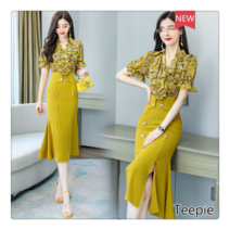 티피/Teepie 새로운 꽃무늬 쉬폰 드레스 여성용 슬림 슬림 팩 힙 피쉬 스커트