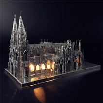 LongFatoys 3D 메탈 입체 퍼즐건축물 퍼즐건축물 파리 노트르담 대성당DIY, 뉴욕 교회+공구 + 더스트 커버 + 램프, 상품별 개