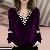가을/ 통근 거즈 패치 워크 패션 기하학 풀오버 여성 의류 단색 올 매치 루즈한 v넥 티셔츠