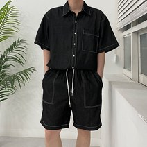 오버핏 스티치 데님셔츠 셋업 와이드 데님반바지