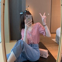 레이스반팔블라우스 뱃살가리기 실크블라우스 여성 여름 프렌치 상의 디자인감각 보이핏 볼륨 시크 반팔셔츠 3471623150