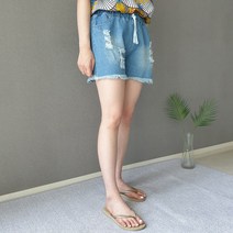여자 3부 청반바지 연청 중청 찢청 밑단 컷팅 헤짐 수술 워싱 숏 팬츠 허리밴딩 데님팬츠