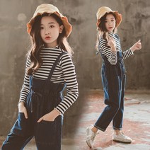 [삐삐네옷가게] 여아주니어 프릴스트라이프진청셋 봄의류 주니어 초등학생 봄 코디 프릴 스트라이프 티셔츠 허리끈 청 멜빵바지 상하세트 큐티 귀여운