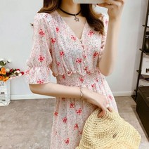 플라워 패턴 꽃무늬 원피스 반팔 드레스 여성 꽃 프린트 나비 밴딩 버튼