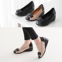 런슈즈 국내제작 여성 리본 웨지힐 통굽 발편한 펌프스구두 5cm
