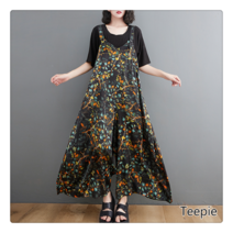 티피/Teepie 여자 빅사이즈 와이드 나시 점프슈트 여름 프린트 멜빵 팬츠
