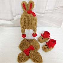 2023 토끼 아기 신발 뜨기 모자 보넷 코바늘 만들기, 카키 3종 세트
