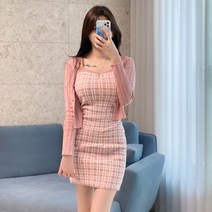 스키니어 골지 가디건+체크 미니 원피스 세트 SET 투피스 sz88236