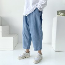 남자 연청 진청 아메카지 반배기 크롭 와이드 밴딩 데님 팬츠2color