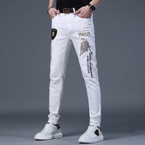 도오빠 끌로어 남성 청바지 화이트 데님 팬츠 백바지 스판 신축성 일자 슬림핏 자수 레터링 남자청바지