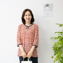 엄마옷마미소 고리라운드셔츠 7부 배색티 꽃나염블라우스 스판 5060중년여성 외출복 빅사이즈 패턴 부드러운 시원한티셔츠 마담의류 미시룩