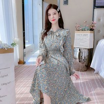 셀럽하우스 청순무드 브이넥 리본 포인트 스모크밴딩 롱원피스