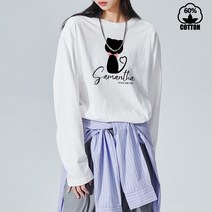 스타일아유 봄가을 여성용 고양이 패턴 오버핏 라운드넥 26수면 긴팔티 [노마진 공장 출고]