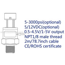 압력게이지 디지털압력계 2m78.7인치 케이블 다중 범위 옵션 수입 세라믹 압력 센서, 3000psi-5v-0.5-4.5v