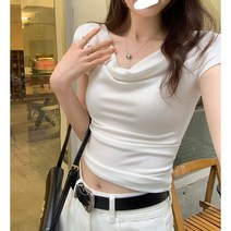 패피메이트 드레이프 오프숄더 핀턱 슬림핏 반팔 크롭티셔츠