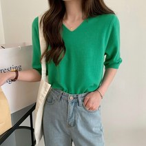 소프트 5부 니트 티 여성 브이넥 이너 티셔츠 무지