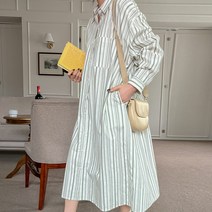 로로텐 스트라이프 셔츠 롱 원피스 면 카라넥 긴팔 루즈핏 빅사이즈