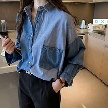 요나걸 여성 의류 상의 셔츠 남방 데님셔츠 청남방 스트라이프 흔하지 않는 디자인 박시한 사이즈 패션셔츠 코디하기 쉬운 스타일 봄 가을 여자셔츠 + 양말증정