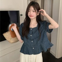 데님블라우스 여성 청남방 여자 데님 셔츠 프릴 빈티지 세련된 스퀘어 칼라 프렌치 스타일 여름 솔리드 스위트 기질 얼짱 패션 대학