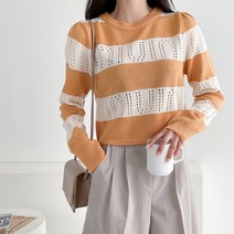 뜨개진 여성용 숄더퍼프 스카시 스트라이프 크롭 로렐 라운드 니트