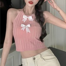 리본 끈 여 아우터 디자인 홀터넥 숏 니트 나시 오프닝 민소매 탑 하늘비즈 U051T230